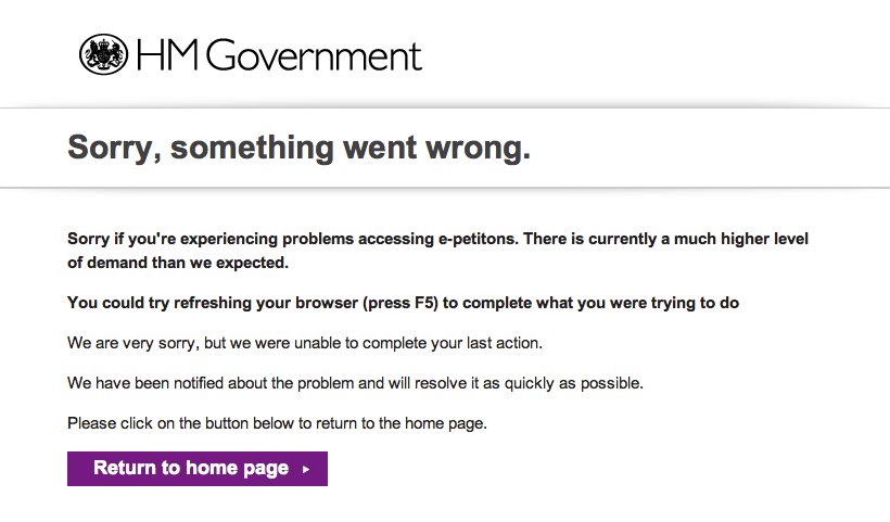Screen shot of HM Government e-petition website error message