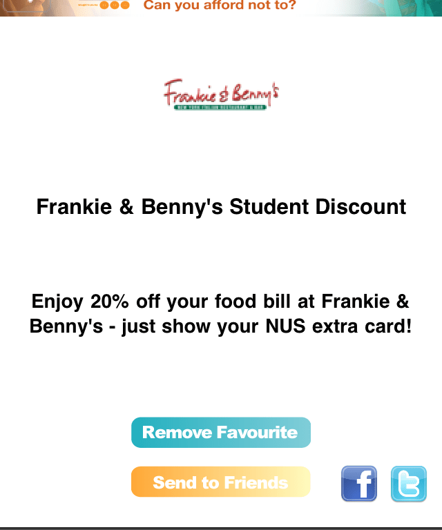 Frankie & Benny's discount page on NUS Extra iPhone App