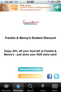 Frankie & Benny's discount page on NUS Extra iPhone App