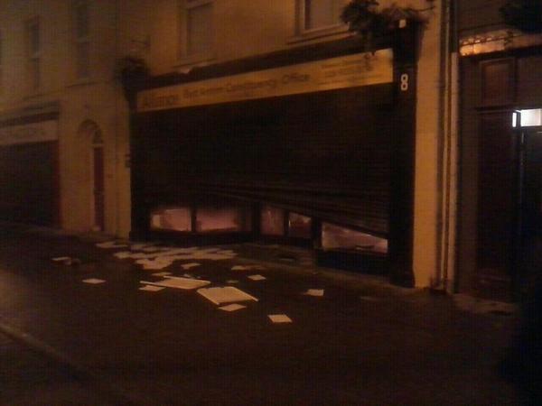 The East Antrim Alliance Constituency Office following an attack by protestors.