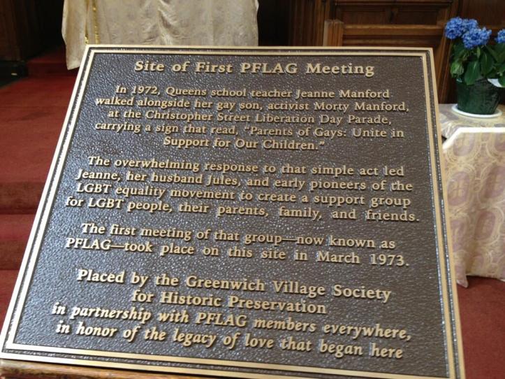Plaque commemorating the first PFLAG meeting held by Jeanne Manford. 