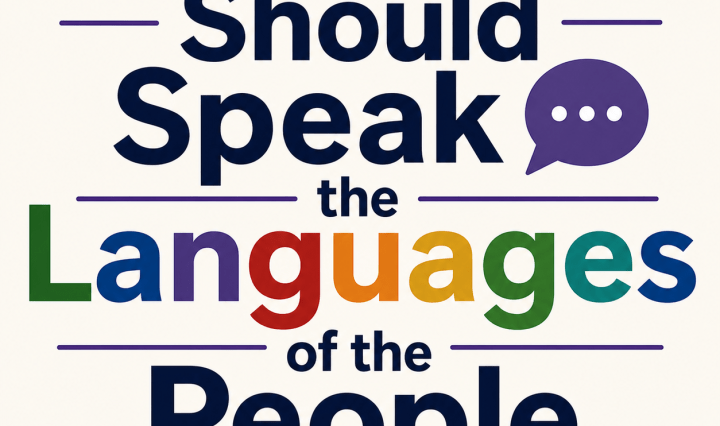 Poster reading “Democracy Should Speak the Languages of the People” with multilingual speech bubbles.