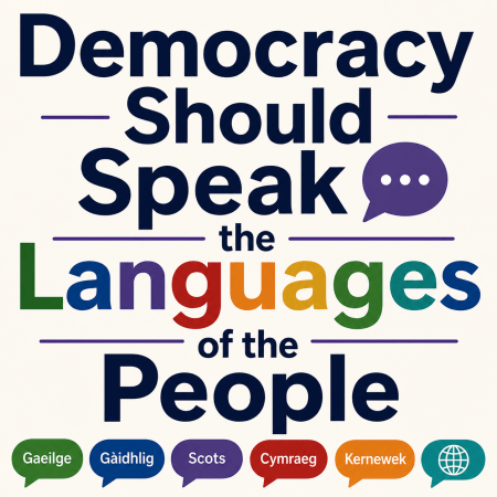 Poster reading “Democracy Should Speak the Languages of the People” with multilingual speech bubbles.