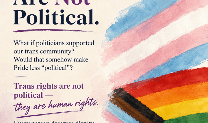 A square editorial graphic with the headline “Human Rights Are Not Political.” On the left, text asks whether politicians supporting the trans community would make Pride seem less political, concluding that trans rights are human rights and that every person deserves dignity, safety, and equal respect. On the right, soft watercolour brushstrokes form the transgender and Progress Pride flags against a light background, creating a calm, reflective design.