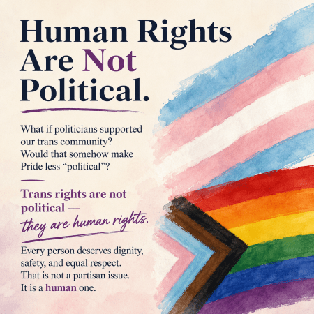 A square editorial graphic with the headline “Human Rights Are Not Political.” On the left, text asks whether politicians supporting the trans community would make Pride seem less political, concluding that trans rights are human rights and that every person deserves dignity, safety, and equal respect. On the right, soft watercolour brushstrokes form the transgender and Progress Pride flags against a light background, creating a calm, reflective design.