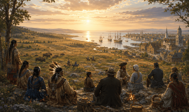 An imagined peaceful North American landscape at sunset, where Indigenous families and colonial settlers gather on a hillside overlooking prairie, ships, and a growing harbour town in an alternate history of shared coexistence.