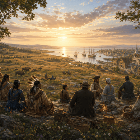 An imagined peaceful North American landscape at sunset, where Indigenous families and colonial settlers gather on a hillside overlooking prairie, ships, and a growing harbour town in an alternate history of shared coexistence.