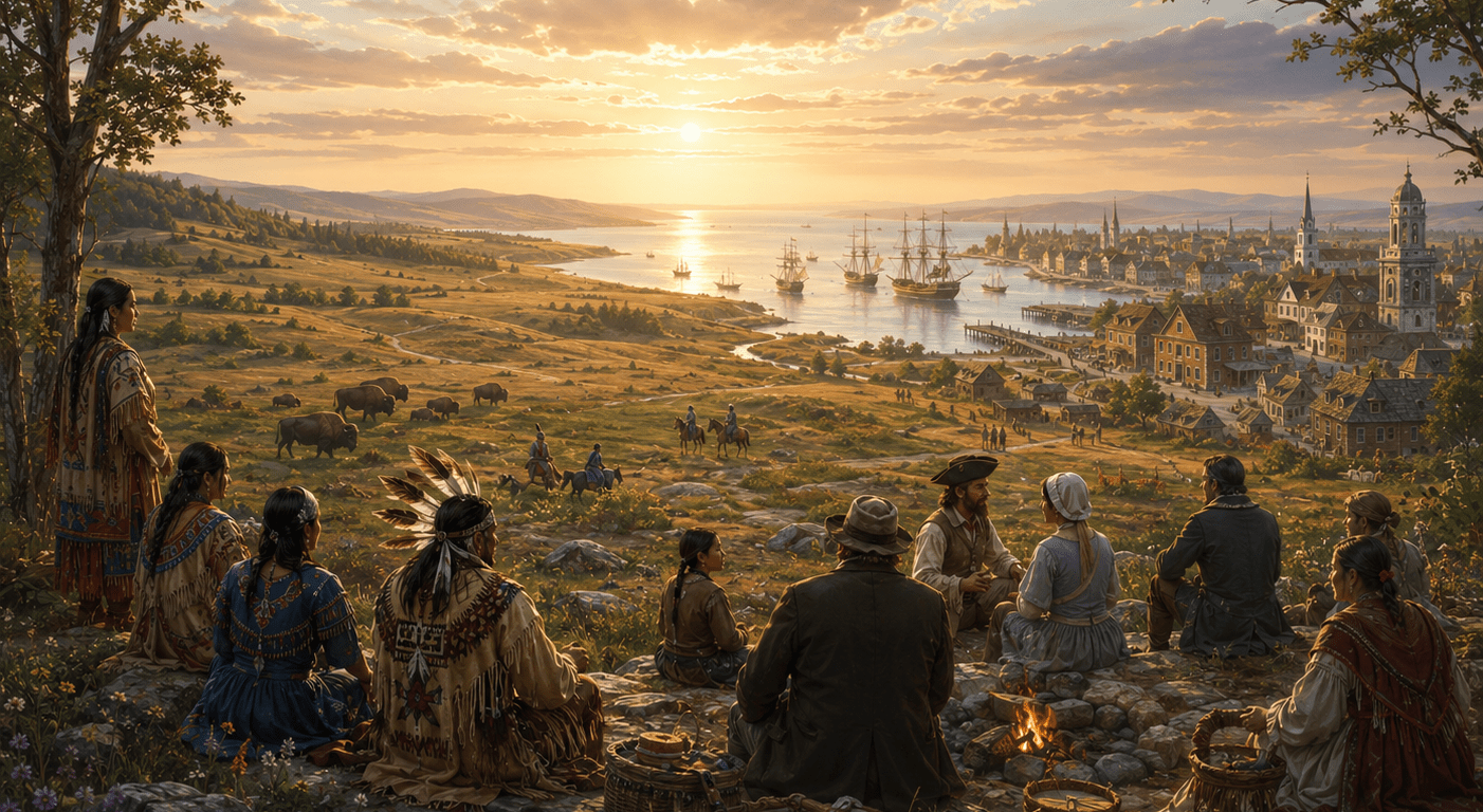 An imagined peaceful North American landscape at sunset, where Indigenous families and colonial settlers gather on a hillside overlooking prairie, ships, and a growing harbour town in an alternate history of shared coexistence.