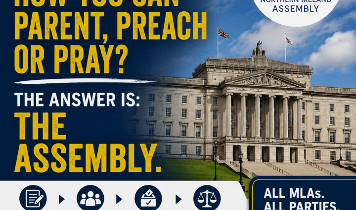 Poster asks who decides; answer: the Assembly, with Stormont, Assembly logo and law-making process.