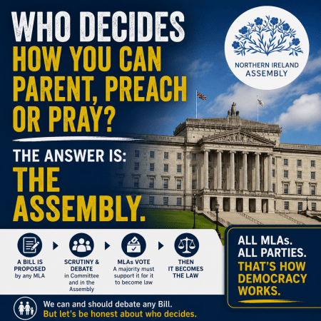 Poster asks who decides; answer: the Assembly, with Stormont, Assembly logo and law-making process.