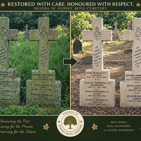 Passionist Sisters’ Memorials at Stoney Royd Cemetery before and after careful cleaning.