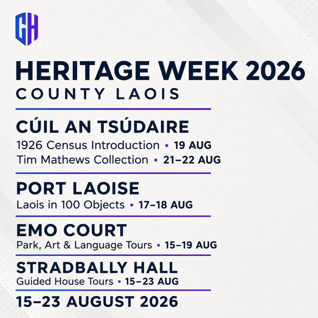 Heritage Week 2026 events in County Laois, highlighting activities in Cúil an tSúdaire, Port Laoise, Emo Court and Stradbally Hall.