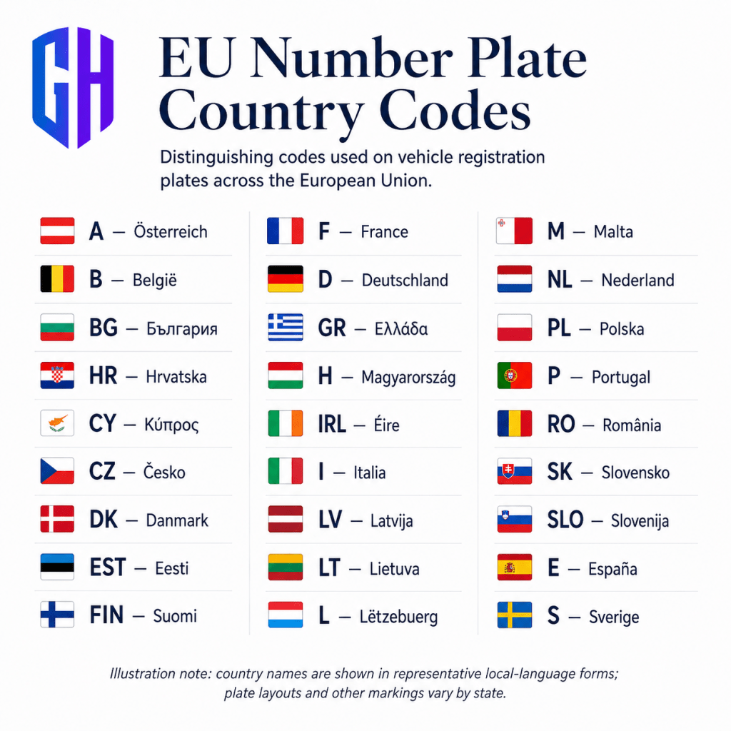 Infographic listing EU vehicle-registration country codes with flag emojis and country names in local languages.