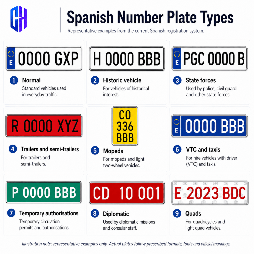 Infographic showing representative Spanish number plate types, including normal, historic, diplomatic, taxi, moped and trailer plates.