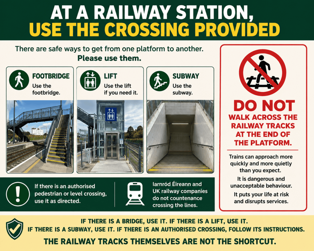 Railway safety graphic urging passengers to use a footbridge, lift, subway or authorised crossing.