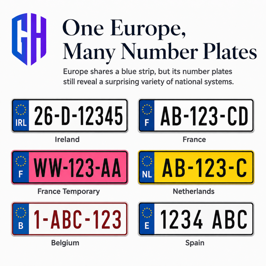 Illustrated EU number plates from Ireland, France, the Netherlands, Belgium and Spain, including a pink French temporary plate.
