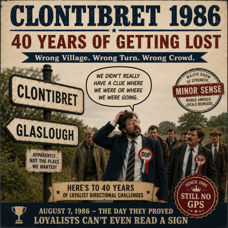 Satirical Clontibret 1986 poster marking 40 years, with lost loyalists, signposts and “Still No GPS”. #AI