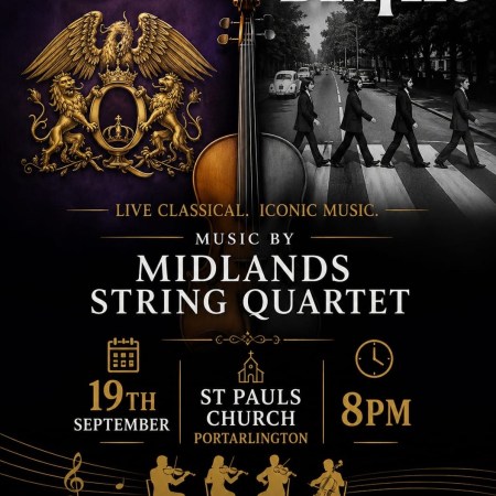 Queen v The Beatles concert poster for the Midlands String Quartet at St Paul’s Church, Portarlington.