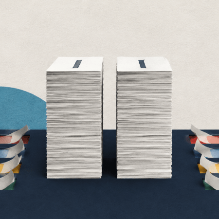 Two nearly equal stacks of ballot papers stand between withdrawn red, blue, yellow and green ballot slips, illustrating the changed field in the Clacton by-election. Gyronny Herald logo at top left.
