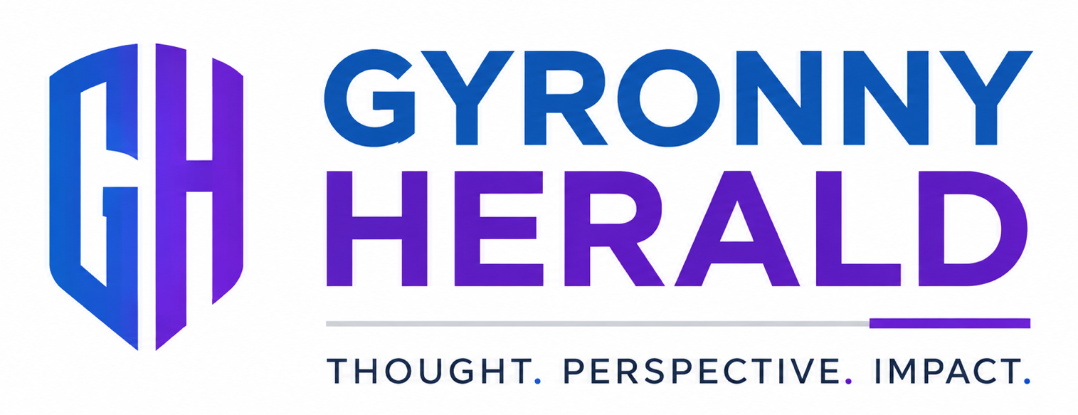 Gyronny Herald logo with blue-purple GH monogram, wordmark, and “Thought. Perspective. Impact.”