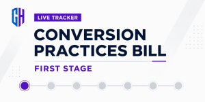 Gyronny Herald Live Tracker graphic showing the Conversion Practices Bill at First Stage.