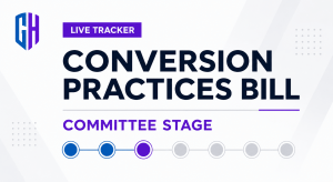 Gyronny Herald Live Tracker graphic showing the Conversion Practices Bill at Committee Stage.