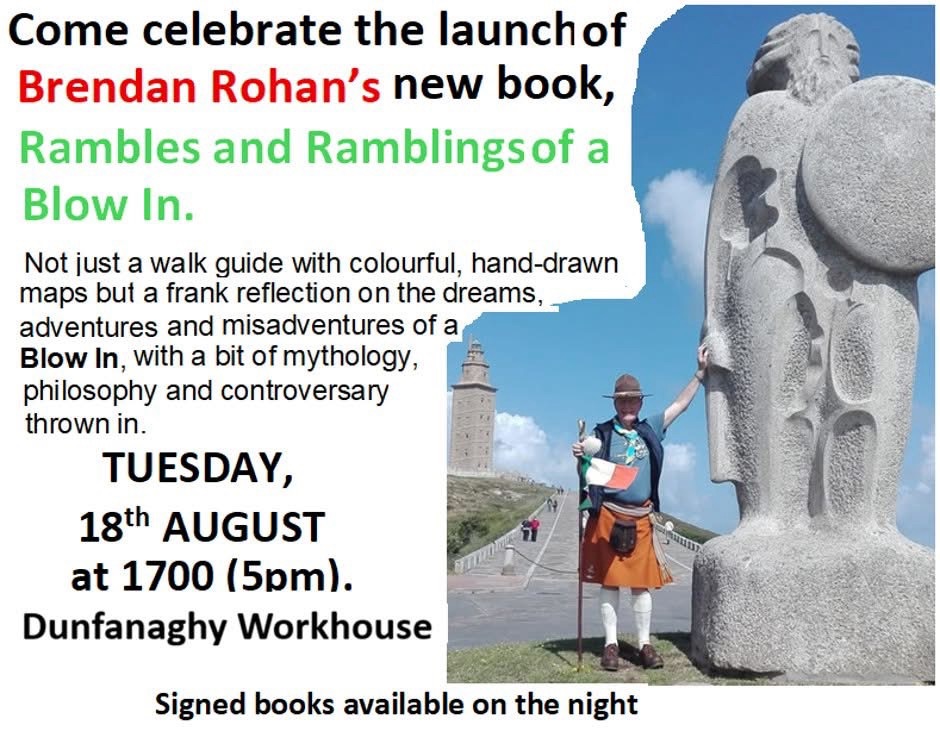 Poster announcing Brendan Rohan’s book launch at Dunfanaghy Workhouse on Tuesday 18 August at 5pm.