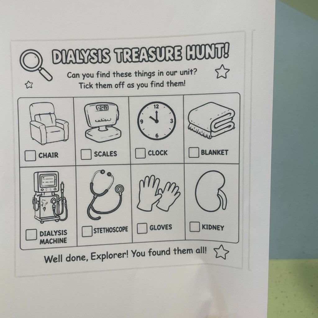 Children’s dialysis-unit treasure hunt featuring items including a treatment chair, scales, blanket and dialysis machine.