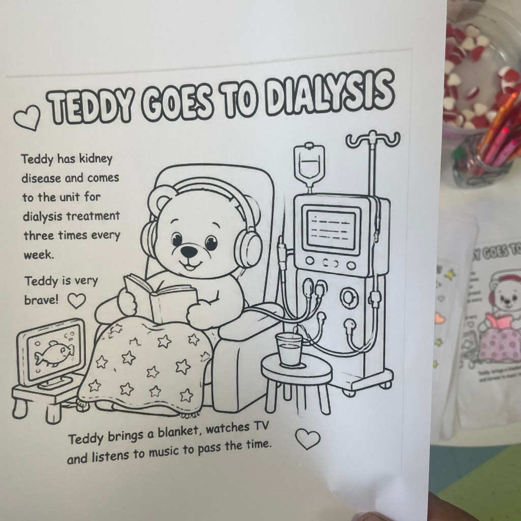 Children’s colouring sheet showing Teddy receiving dialysis with a blanket, headphones and book.