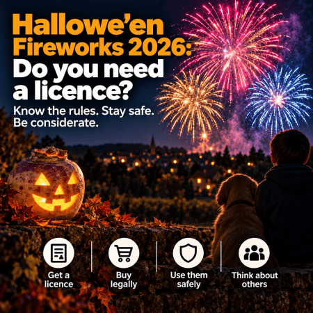 Square Hallowe’en fireworks safety graphic showing colourful fireworks over a town at night, with a glowing carved turnip lantern in the foreground and a person sitting beside a dog. Text reads: “Hallowe’en Fireworks 2026: Do you need a licence? Know the rules. Stay safe. Be considerate,” with reminders to get a licence, buy legally, use fireworks safely and think about others.