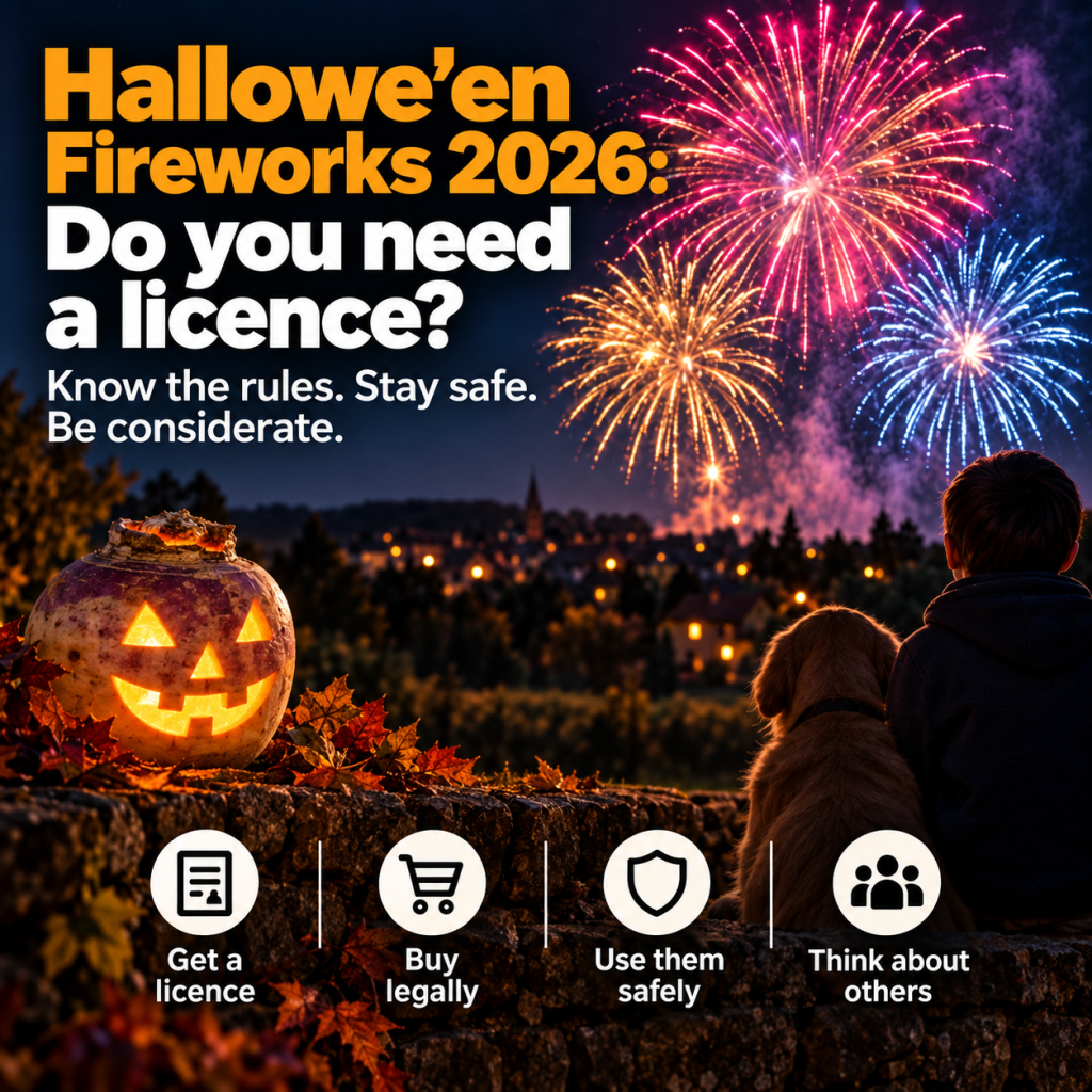 Square Hallowe’en fireworks safety graphic showing colourful fireworks over a town at night, with a glowing carved turnip lantern in the foreground and a person sitting beside a dog. Text reads: “Hallowe’en Fireworks 2026: Do you need a licence? Know the rules. Stay safe. Be considerate,” with reminders to get a licence, buy legally, use fireworks safely and think about others.