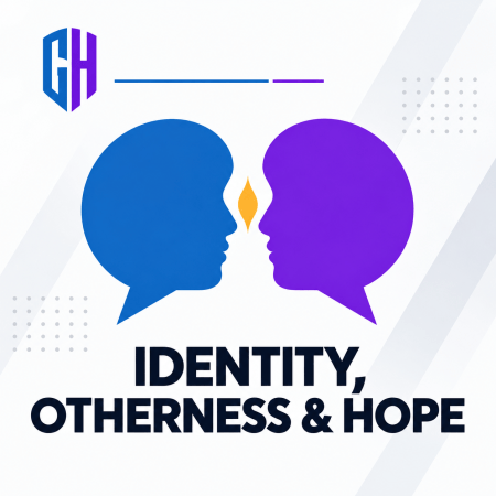 Two blue and purple speech-bubble profiles face one another across a small golden flame, beneath the Gyronny Herald monogram. Text reads: “Identity, Otherness & Hope.”