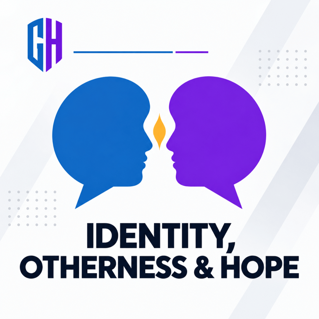 Two blue and purple speech-bubble profiles face one another across a small golden flame, beneath the Gyronny Herald monogram. Text reads: “Identity, Otherness & Hope.”