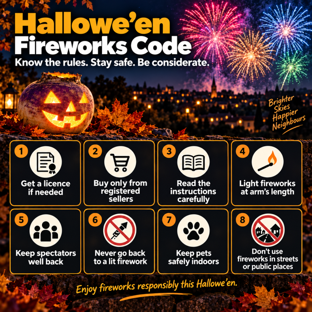 Square Hallowe’en Fireworks Code graphic showing colourful fireworks over a town at night and a glowing carved turnip lantern in the foreground. Large heading reads “Hallowe’en Fireworks Code” with the line “Know the rules. Stay safe. Be considerate.” Eight numbered safety panels advise: get a licence if needed; buy only from registered sellers; read the instructions carefully; light fireworks at arm’s length; keep spectators well back; never go back to a lit firework; keep pets safely indoors; and don’t use fireworks in streets or public places. A closing line reads: “Enjoy fireworks responsibly this Hallowe’en.”