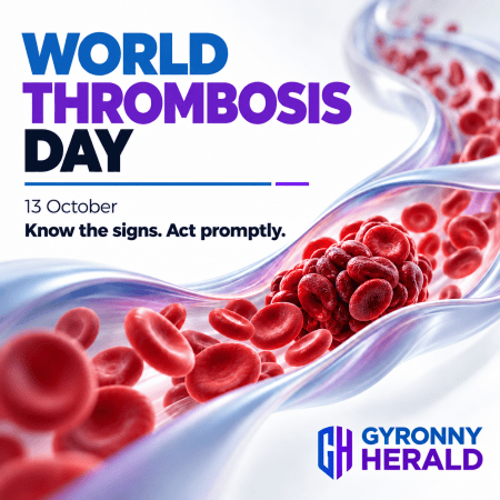 Gyronny Herald graphic for World Thrombosis Day, 13 October, showing an illustration of red blood cells clustered inside a blood vessel. Text reads: “Know the signs. Act promptly.”