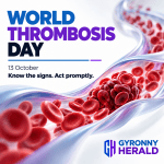 Gyronny Herald graphic for World Thrombosis Day, 13 October, showing an illustration of red blood cells clustered inside a blood vessel. Text reads: “Know the signs. Act promptly.”