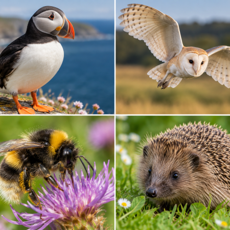 Four-panel wildlife montage showing the animals selected for the next series of Bank of England banknotes: an Atlantic puffin on a coastal cliff, a barn owl in flight, a buff-tailed bumblebee feeding on a purple flower, and a European hedgehog in green grass.