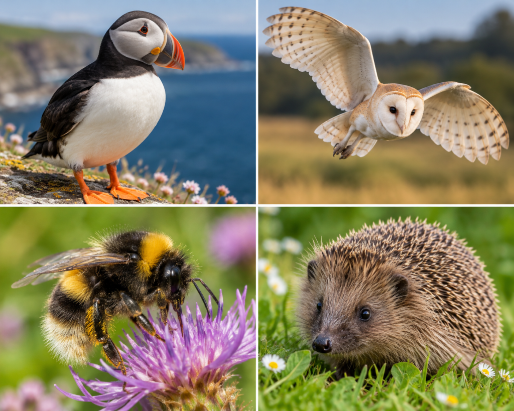 Four-panel wildlife montage showing the animals selected for the next series of Bank of England banknotes: an Atlantic puffin on a coastal cliff, a barn owl in flight, a buff-tailed bumblebee feeding on a purple flower, and a European hedgehog in green grass.